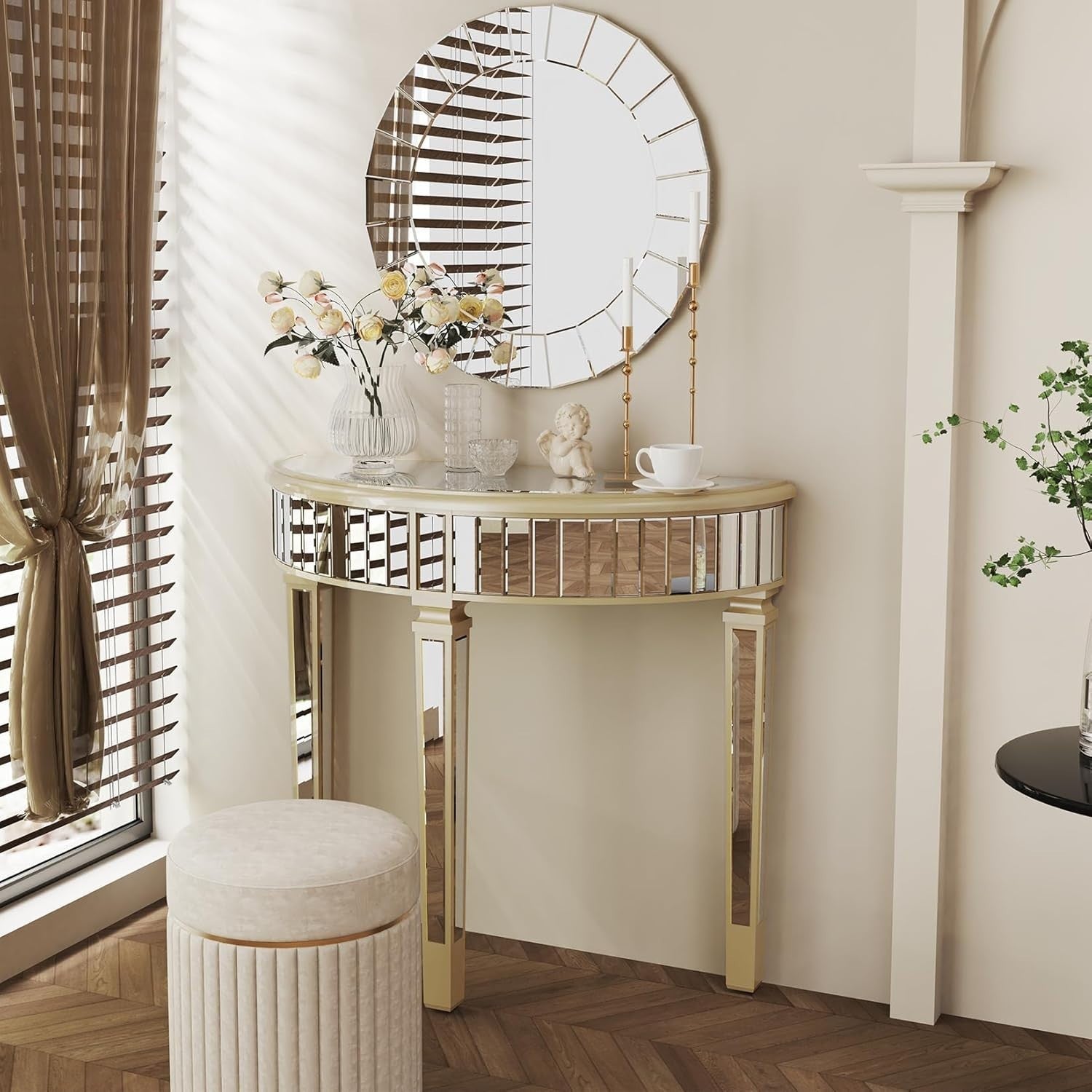 Elegant Mirrored Half Moon Console Table 90x35x80.5cm - Chic Hallway Decor
