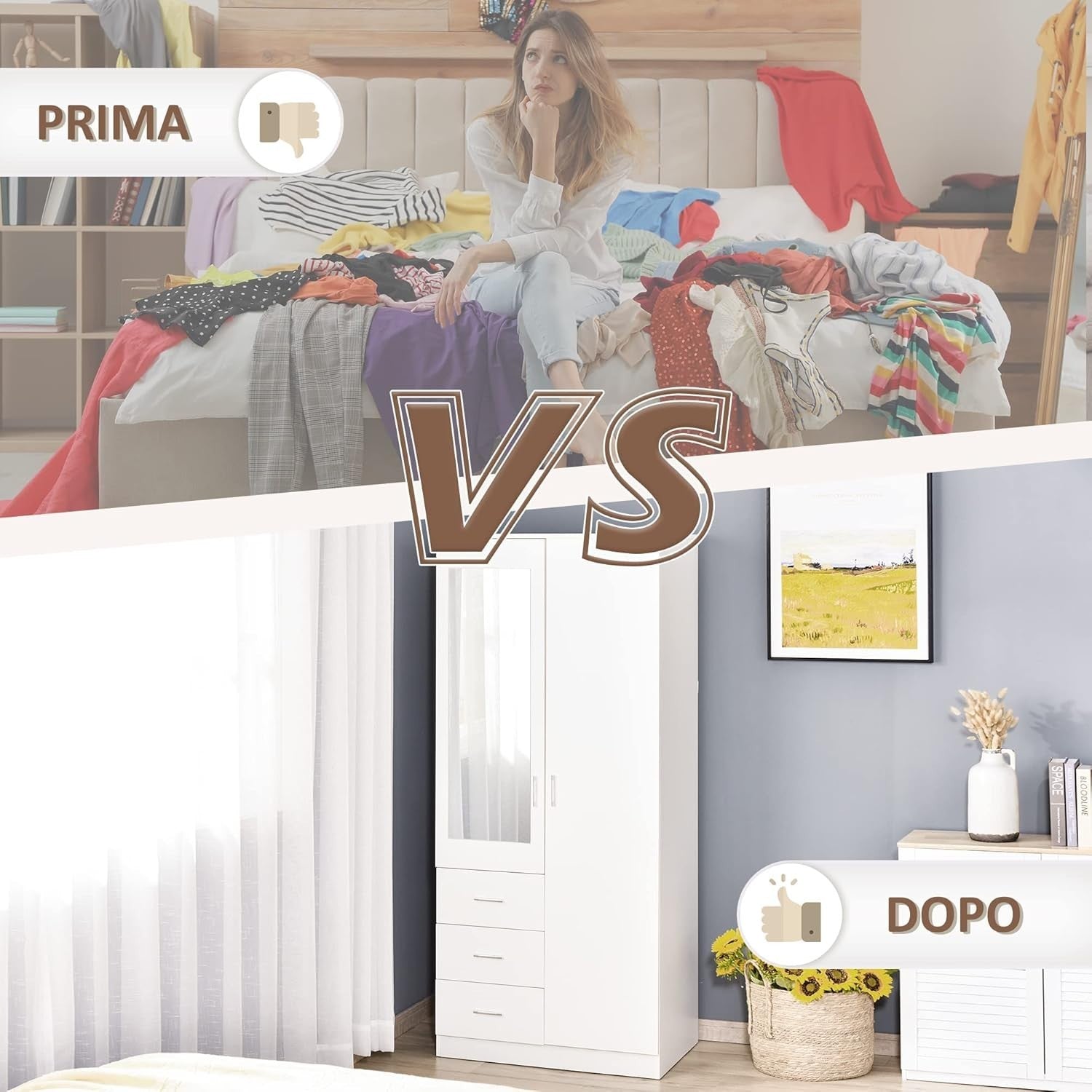 White 2 Door Wardrobe with Mirror 3 Drawers Adjustable Shelves Bedroom