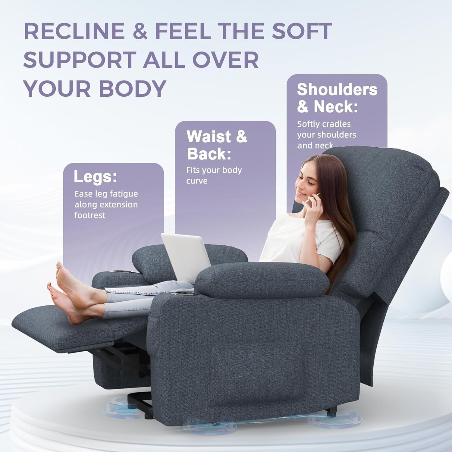 Electric Lift Recliner Chair Oversized Massage Heat USB Type-C Dark Blue Sofa