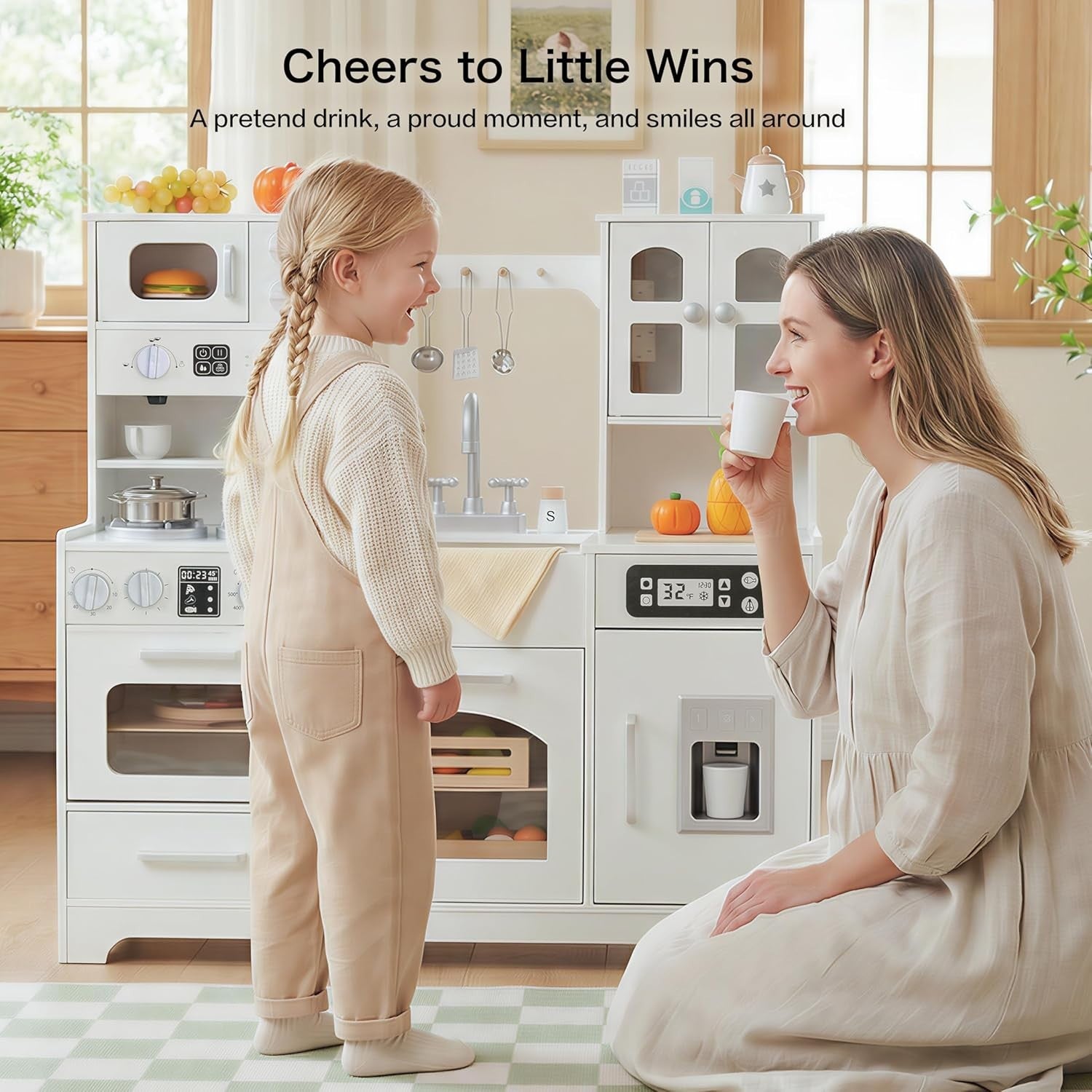 Wooden Kids Play Kitchen w/ Lights Sounds Ice Maker White Toy