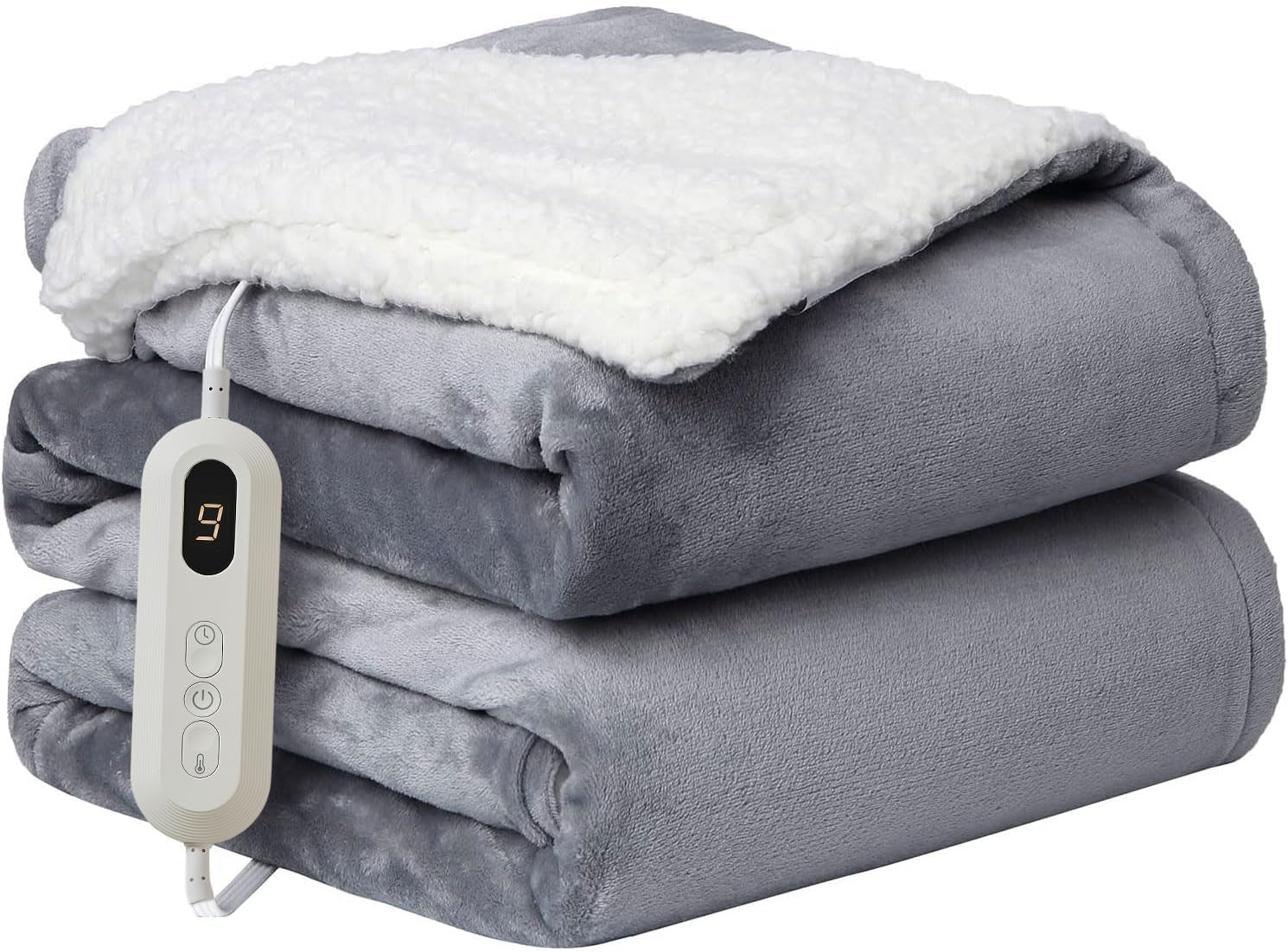 Electric Heated Throw Blanket Grey Reversible Sherpa 10 Heat Auto Off Washable