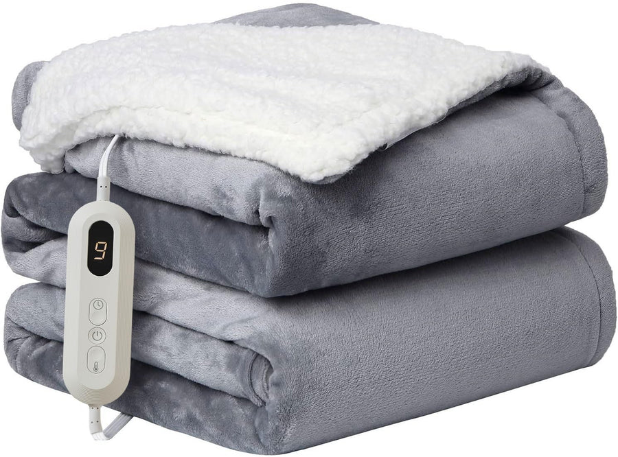 Electric Heated Throw Blanket Grey Reversible Sherpa 10 Heat Auto Off Washable
