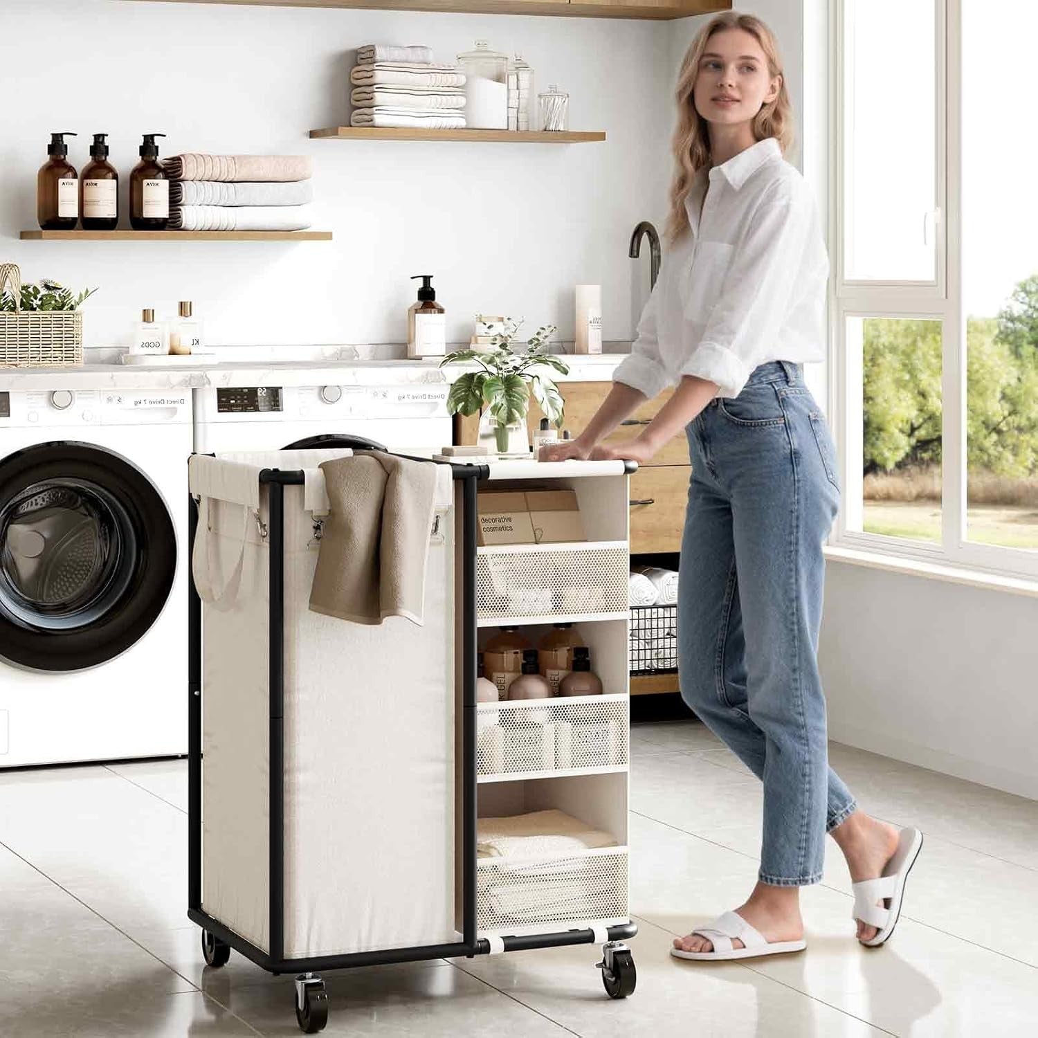 100L Rolling Laundry Sorter with Wheels Hanging Bag & Storage Shelves Beige