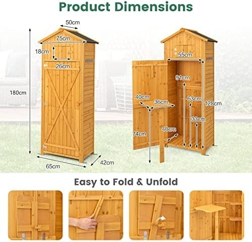Fir Wood Garden Shed 75x50x180cm Outdoor Tool Storage Cabinet with Roof Hatch