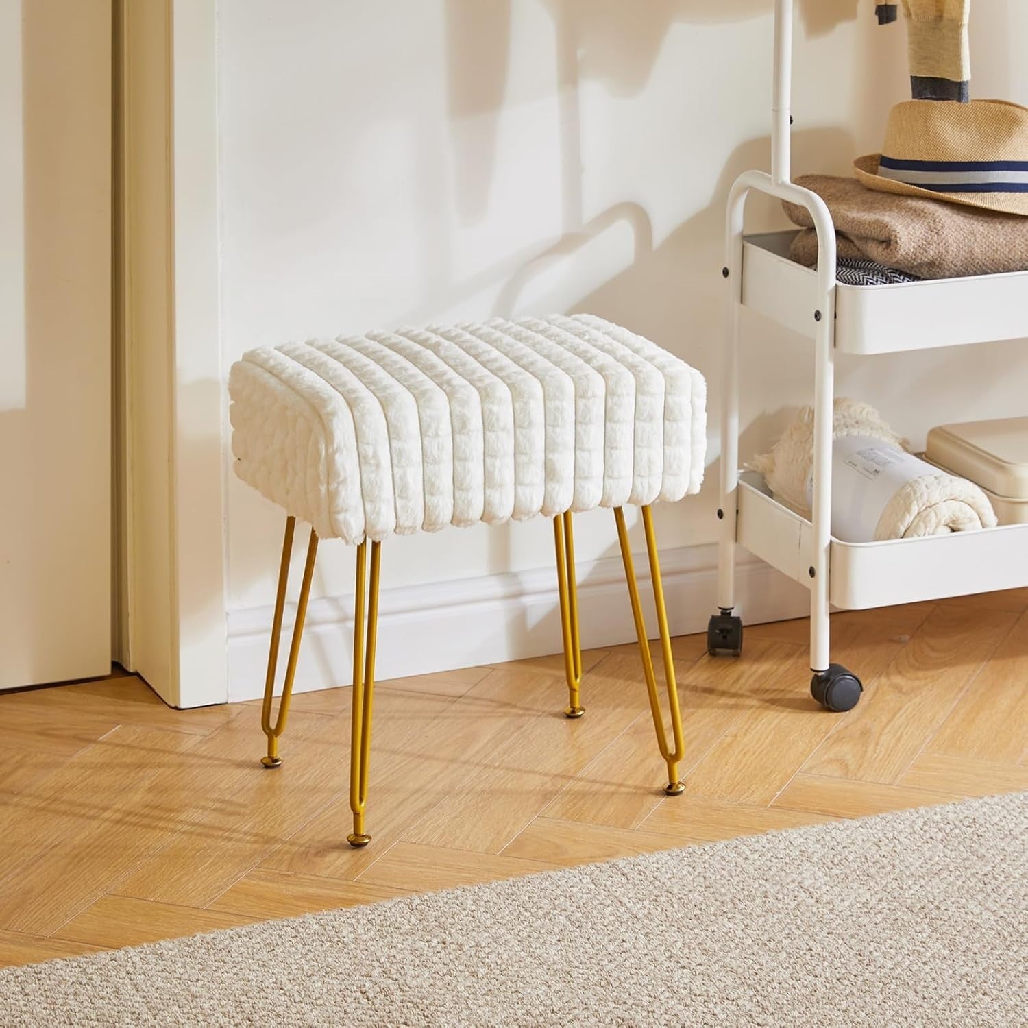 White Velvet Footrest Stool Ottoman – Golder Legs, Compact Vanity Seat