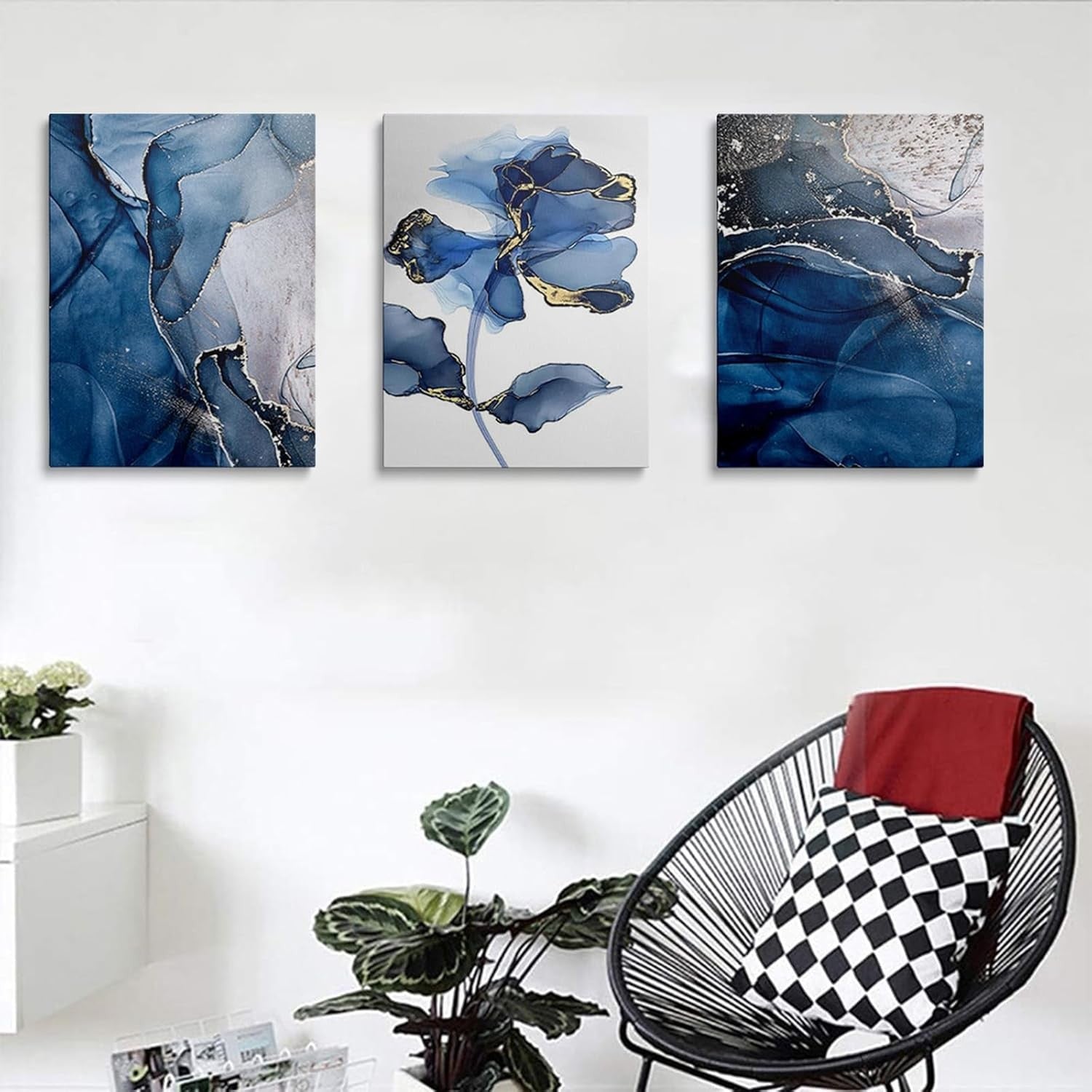 Blue Flower Wall Art Set of 3 Framed Canvas 12x16in Bedroom