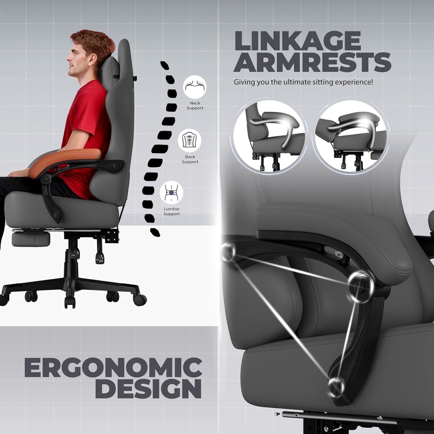 Ergonomic Gaming Chair w/ Footrest Reclining Office Desk Grey