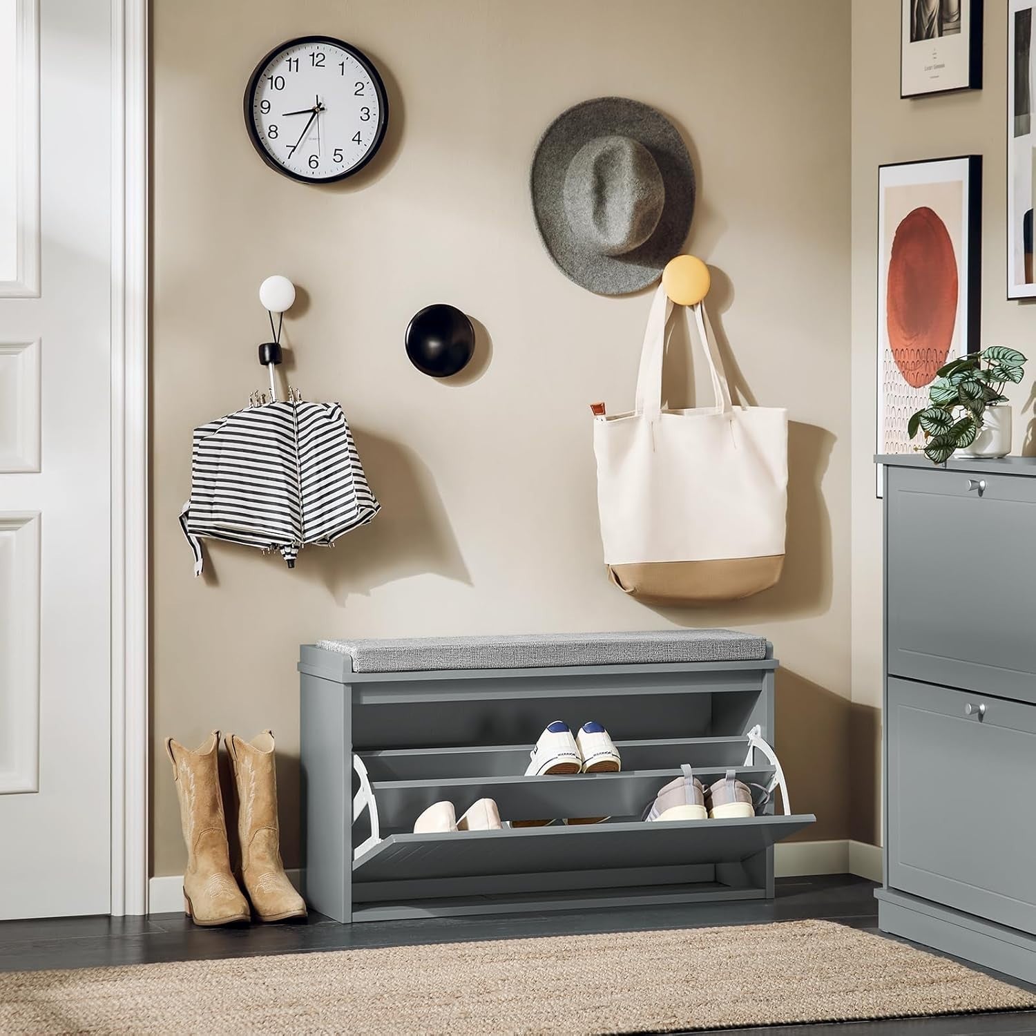 Grey Shoe Storage Bench with Cushion – Flip Drawer Seat, Space Saving 80cm