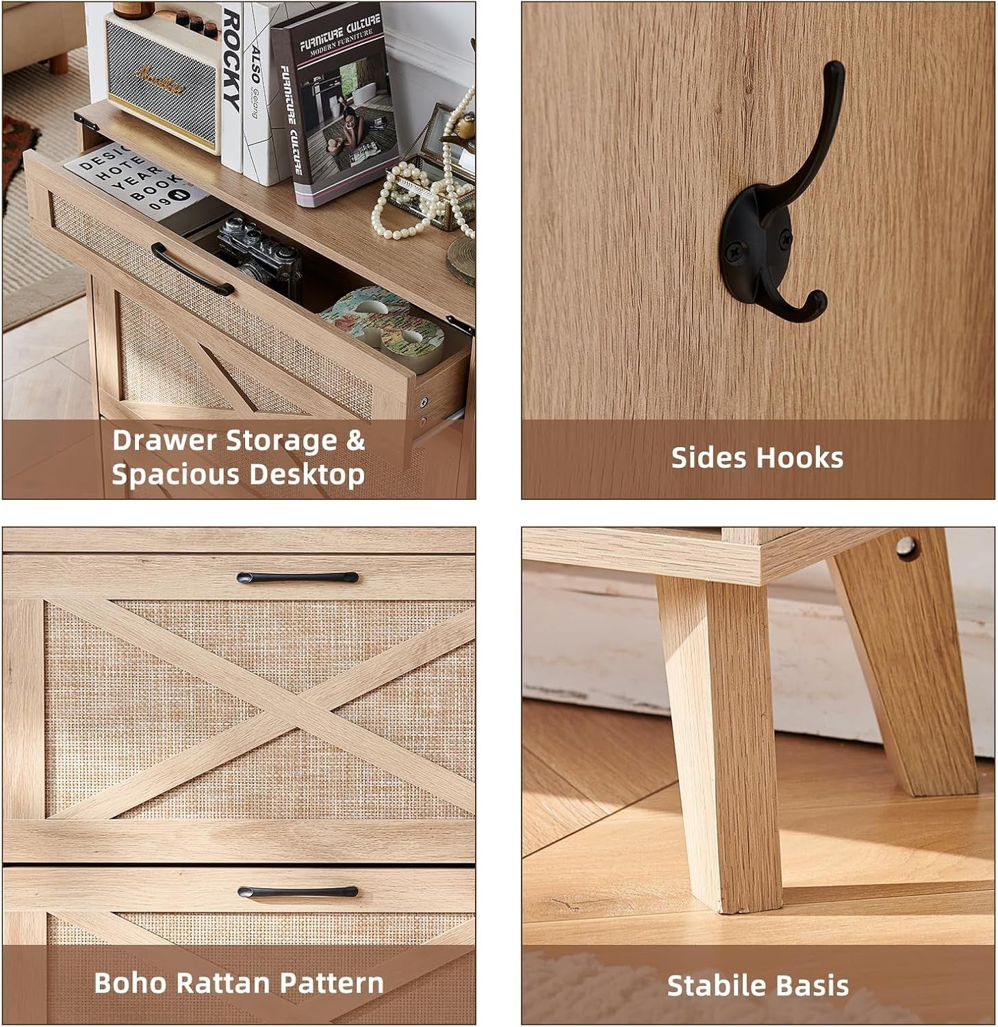 Slim Entryway Shoe Cabinet with Rattan Flip Drawers & Adjustable Shelves