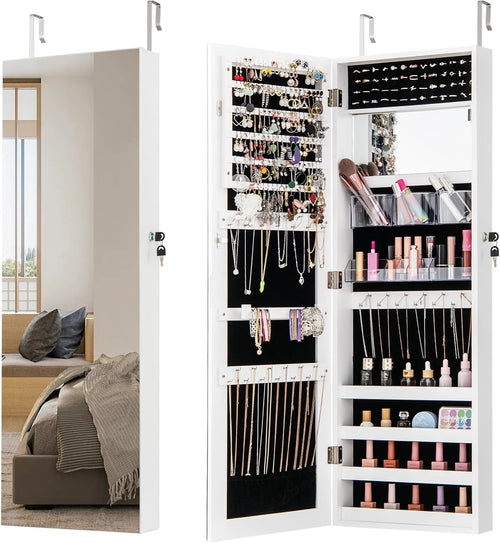 Wall Door Mounted Jewelry Armoire Lockable Full Length Mirror White
