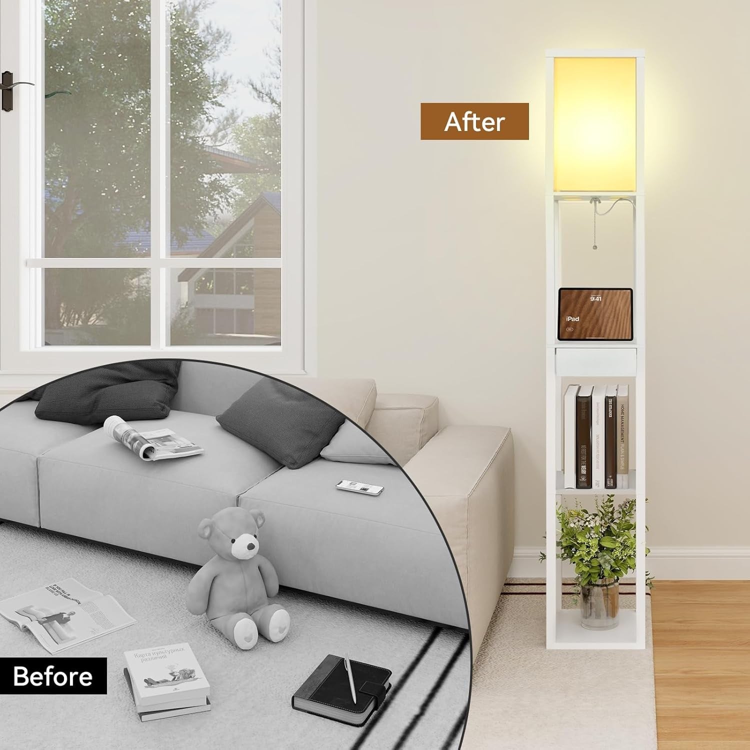 Floor Lamp with Shelves Storage LED Light USB Charging Drawer Modern White