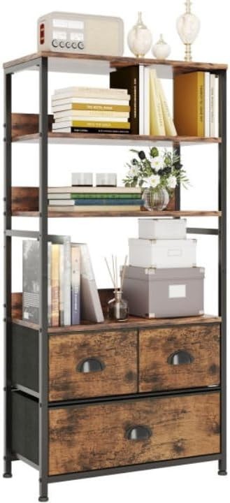 4 Tier Rustic Bookshelf with 3 Drawers Industrial Storage Cabinet Shelves Brown