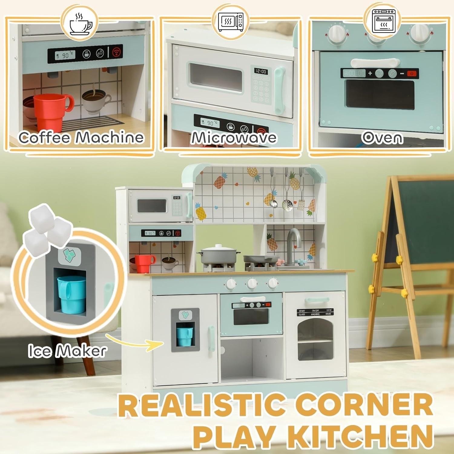 Kids Wooden Play Kitchen w/ Lights Sounds Coffee Maker White