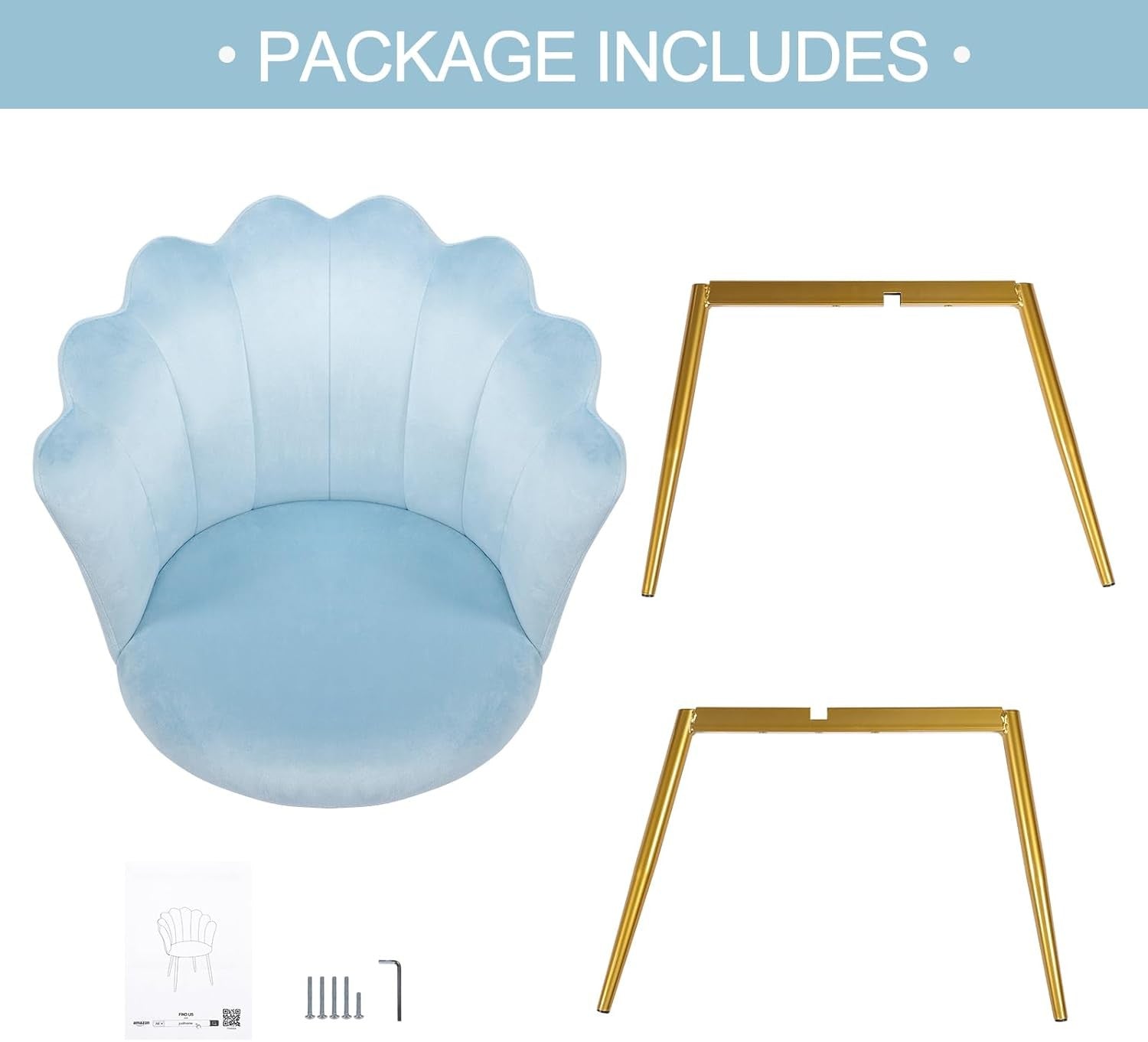 Velvet Vanity Chair Shell Back Gold Metal Legs Light Blue