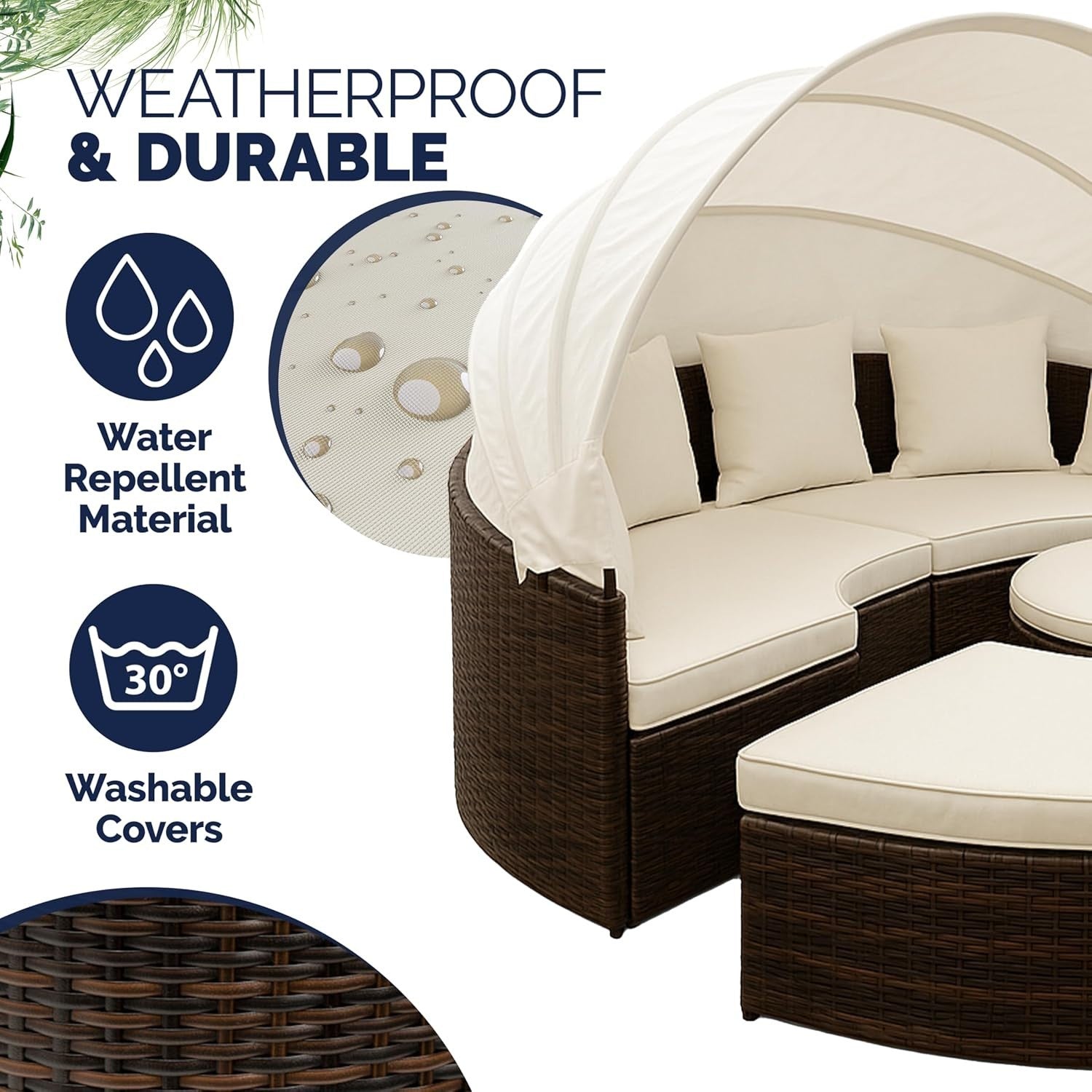 230cm Rattan Garden Sun Island with Canopy & Table – Outdoor Daybed Set