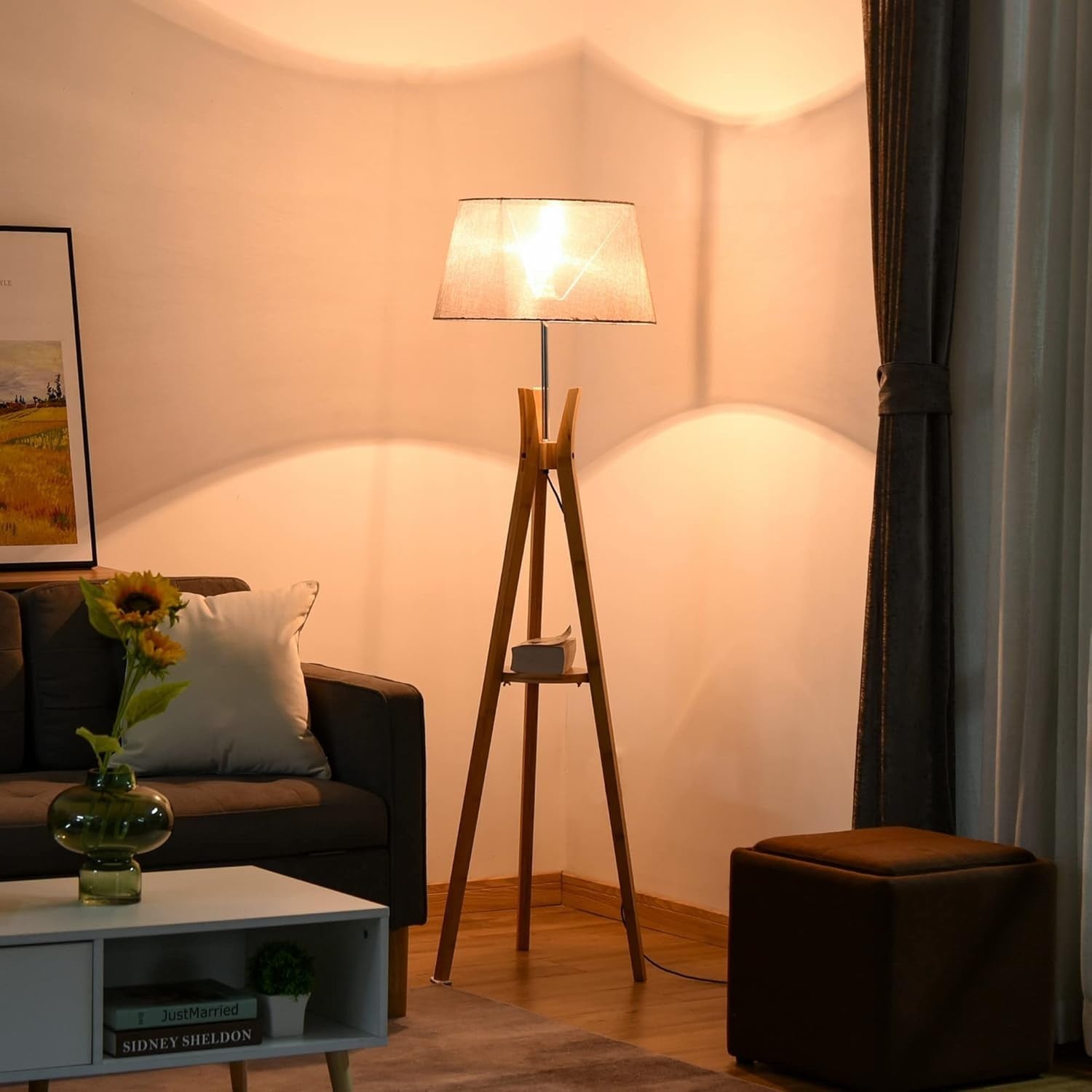 Wood Tripod Floor Lamp with Shelf E27 Grey Shade Tall Light for Living Room