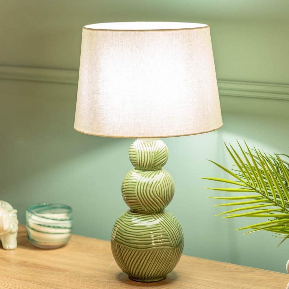Green Ceramic Stacked Ball Table Lamp White Tapered Shade LED Bulb Included