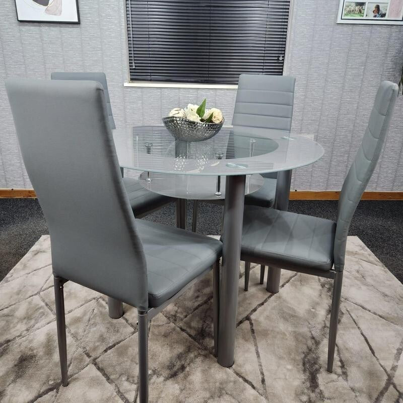 Round Grey Glass Dining Table Set with 4 Faux Leather Chairs Modern