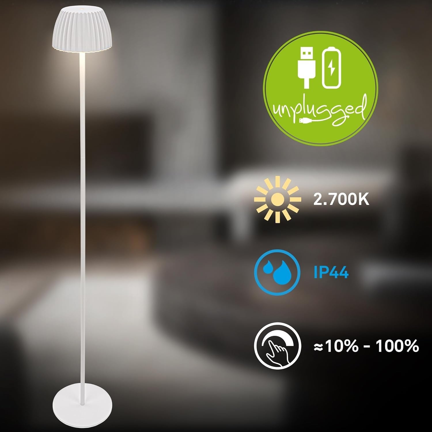 Rechargeable LED Floor Lamp White Touch Dimmable Wireless IP44 Modern