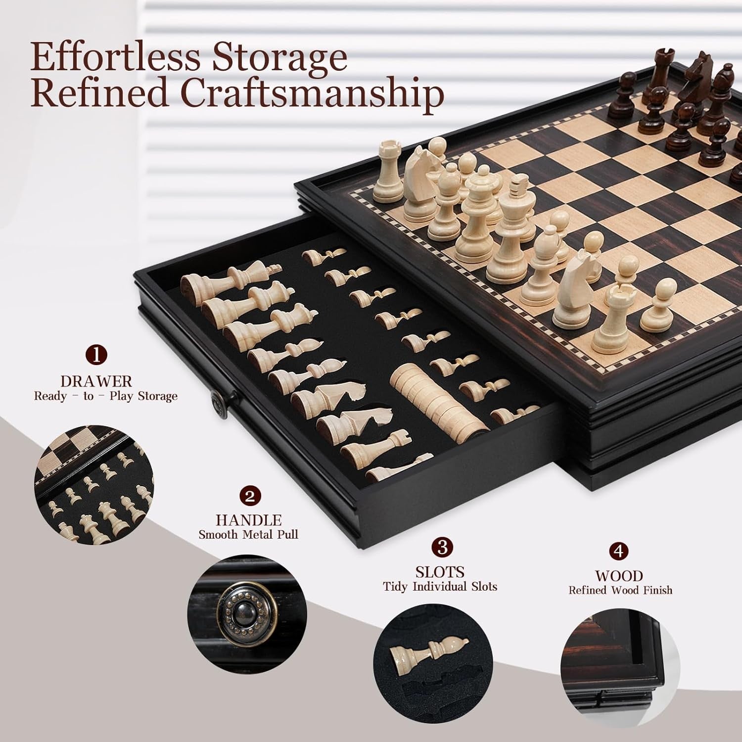 32cm Magnetic Wooden Chess Set Drawer Storage 2-in-1 Chess & Checkers