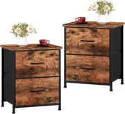 Rustic Wood Bedside Tables Set of 2 with Fabric Drawers, Industrial Nightstands
