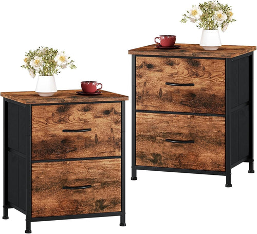 Rustic Wood Bedside Tables Set of 2 with Fabric Drawers, Industrial Nightstands