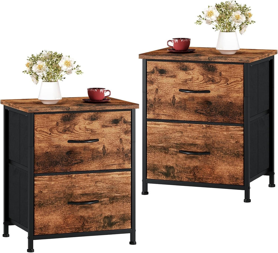 Rustic Wood Bedside Tables Set of 2 with Fabric Drawers, Industrial Nightstands