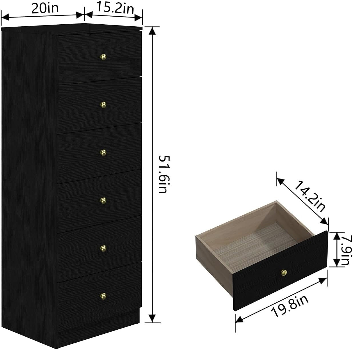 Tall Black 6 Drawer Chest | Slim Storage Cabinet with Gold Handles