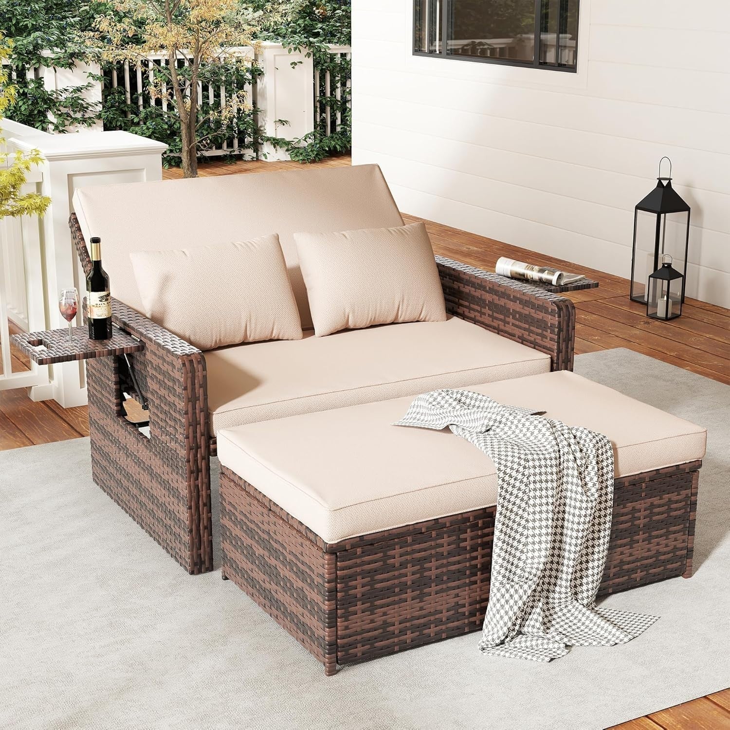 Rattan Daybed Sofa Set Storage Ottoman Cushions Tray Patio Garden Seat