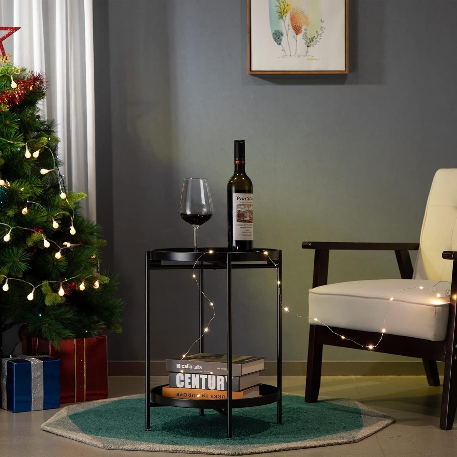Black Metal Round Side Table – Removable Tray, Small 2 Tier Coffee Table