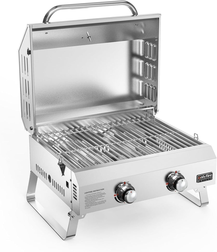 Portable 2 Burner Gas BBQ Grill Tabletop Stainless Steel Outdoor Camping Cooker