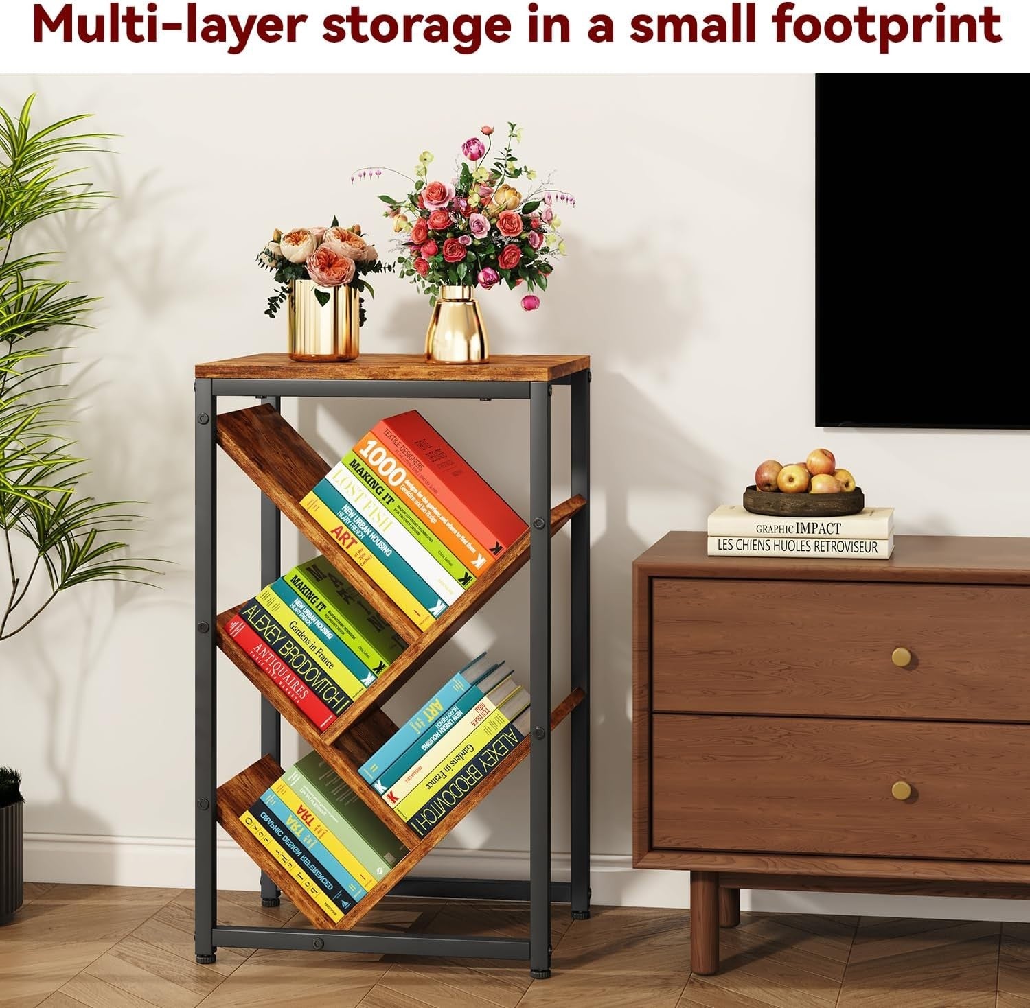 5-Tier Rustic Brown Tree Bookshelf Small Desktop Storage Organizer