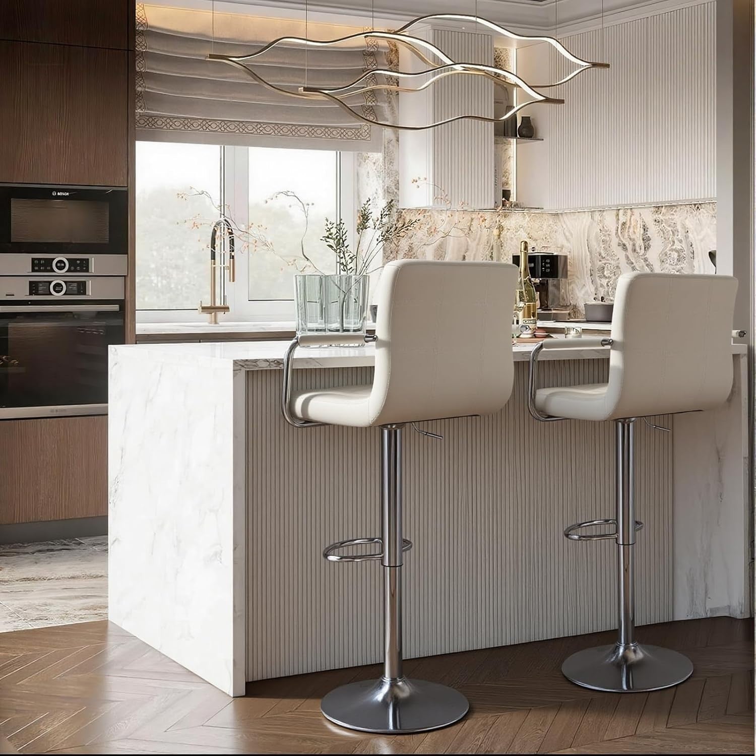 Beige PU Leather Bar Stool Adjustable Height 360° Swivel with Armrest