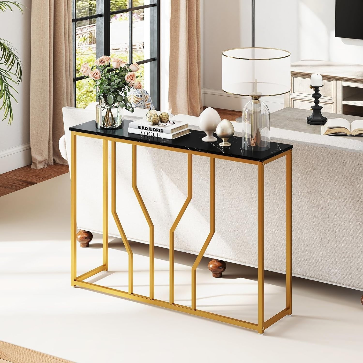 Slim Console Table Faux Marble Top Metal Frame Entryway Hallway Accent 110cm