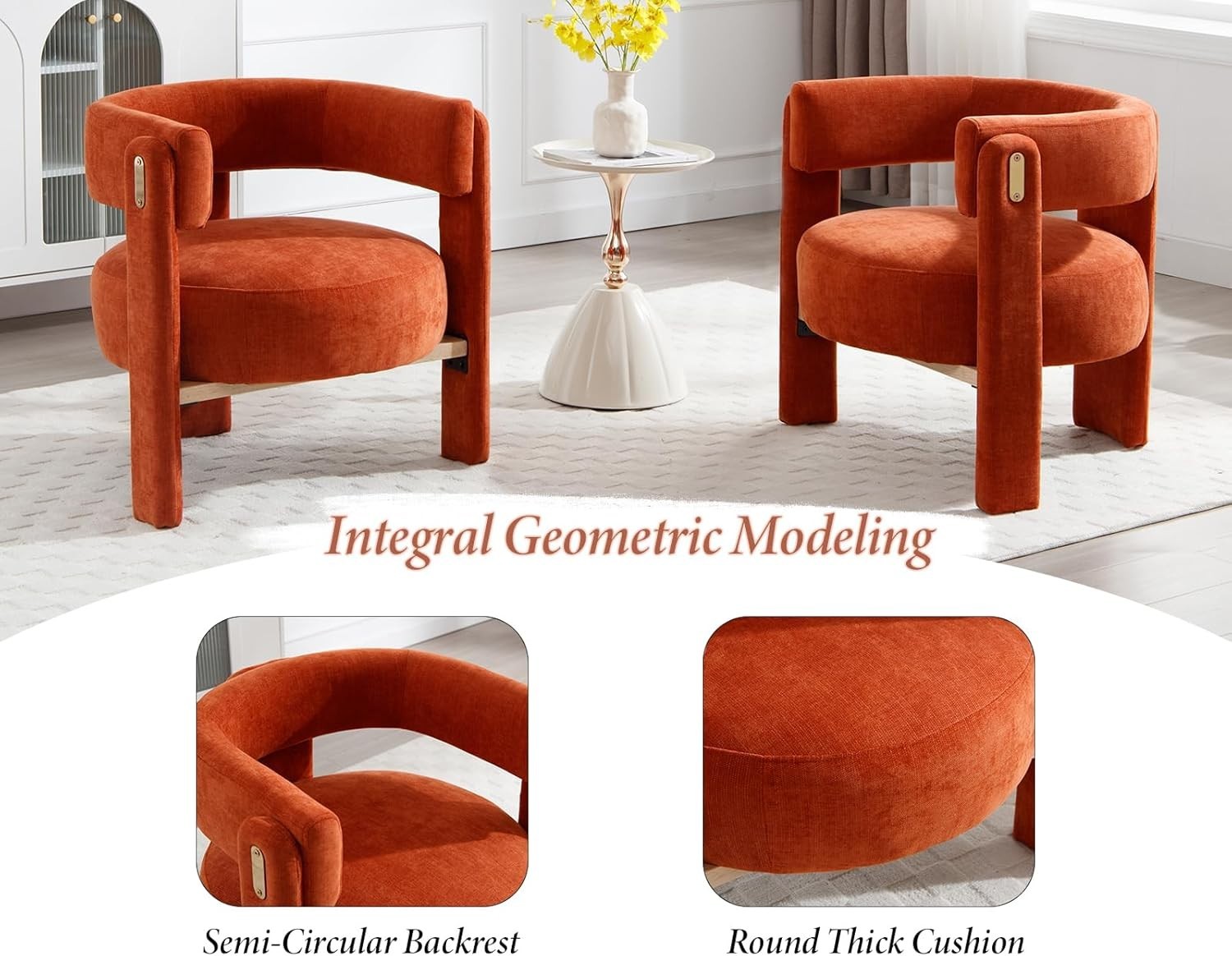 Orange Chenille Accent Armchair – Modern Semi-Circle Lounge Chair for Bedroom