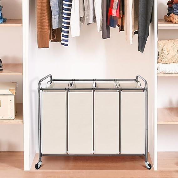 4-Bag Rolling Laundry Sorter Cart with Lockable Wheels & Removable Bags Beige