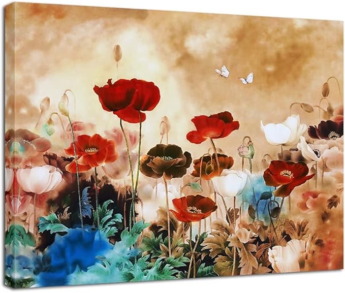Blooming Poppies Floral Canvas Wall Art Modern Framed Giclee Print
