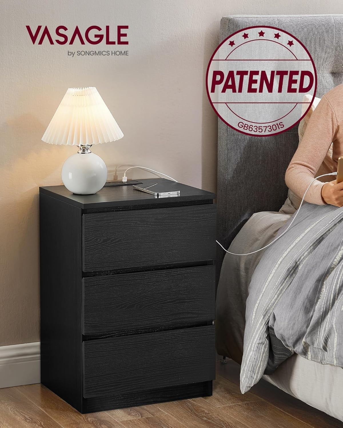 Black Bedside Table with Charging Station, 3 Drawers, USB & AC Ports, Modern