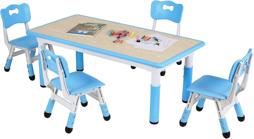 Kids Table and 4 Chairs Set Adjustable Height Study Play Dining Furniture Blue