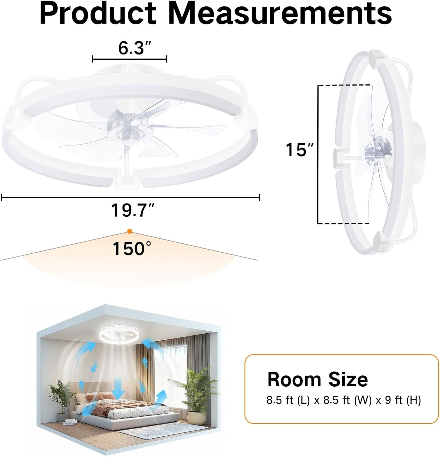 50CM Ceiling Fan with Light, 6-Speed, Remote, Reversible, White, LED