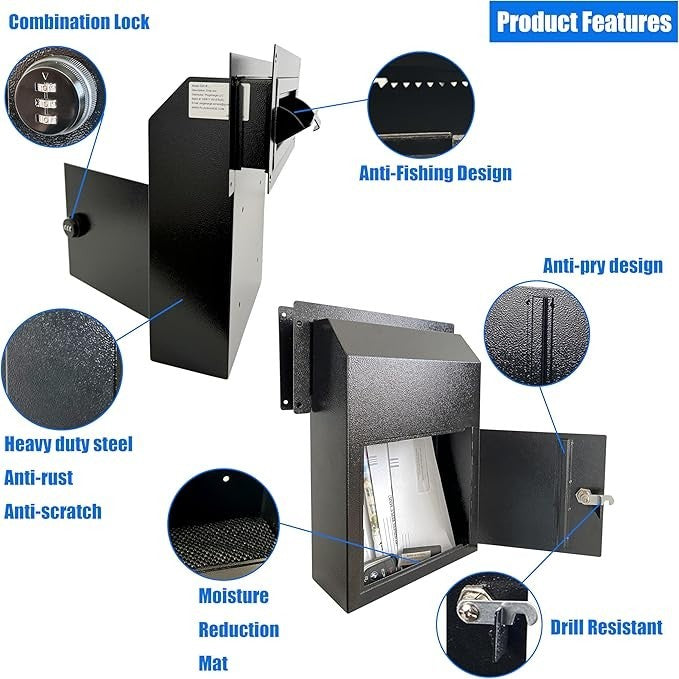 Secure Steel Drop Box w/ Combo Lock – Anti-Fishing Mail Slot, Rear Access, Small