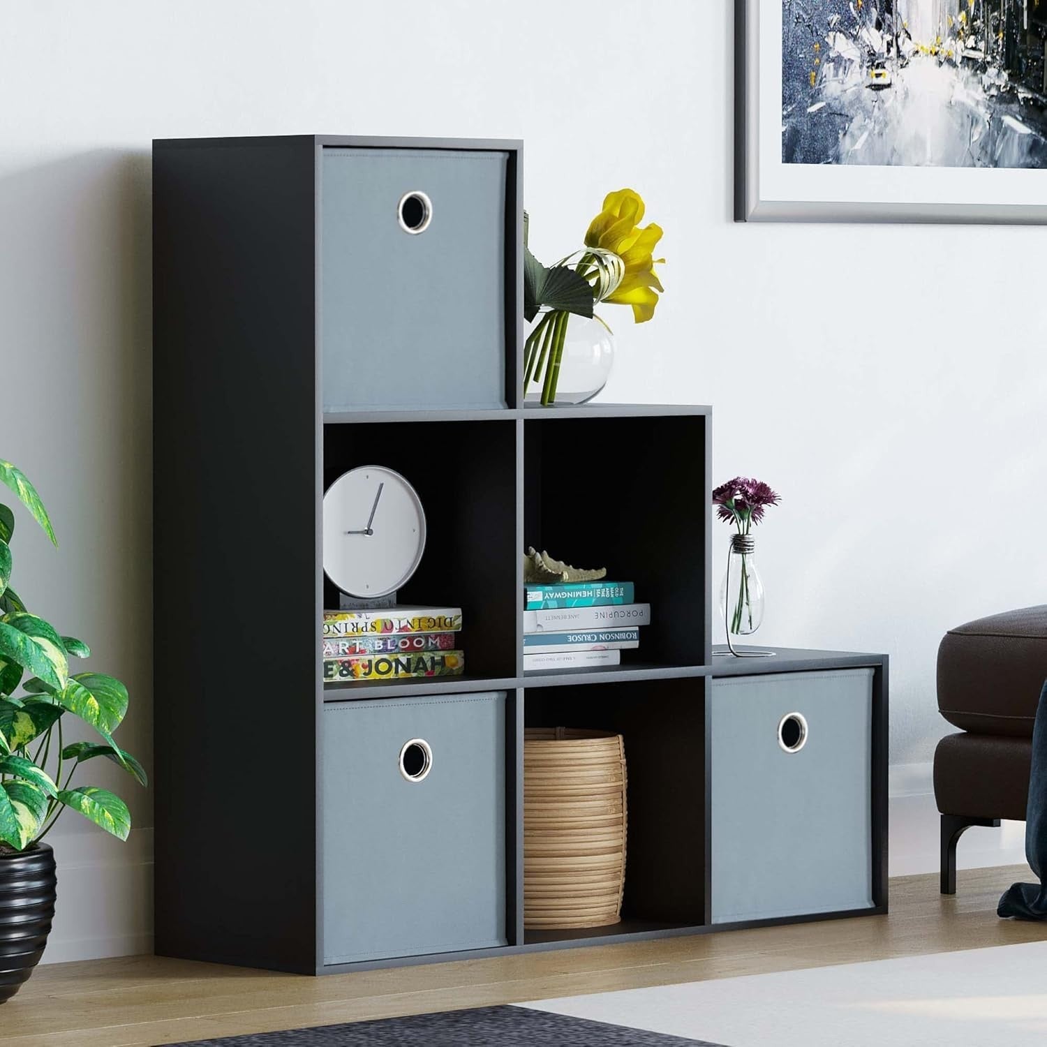 Black 6 Cube Staircase Shelf Unit with 3 Grey Storage Baskets – Modern Display