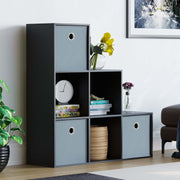 Black 6 Cube Staircase Shelf Unit with 3 Grey Storage Baskets – Modern Display