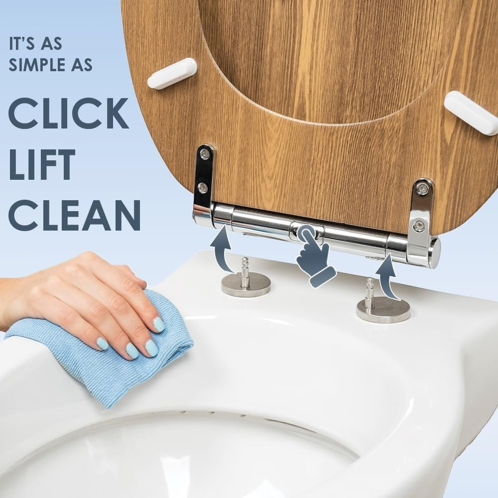 Teak Toilet Seat Soft Close Moulded Wood Lid Stainless Hinges Easy Clean 42x36cm