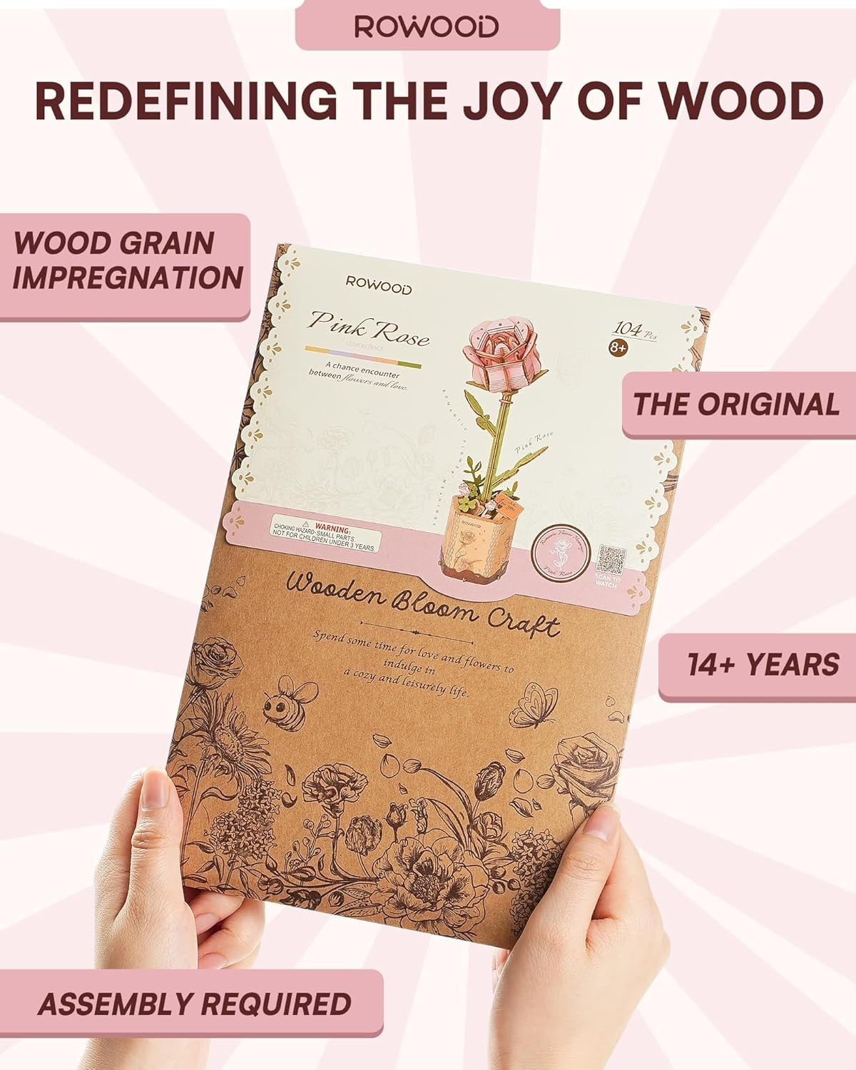DIY 3D Wooden Pink Rose Flower Puzzle Kit – Unique Home Décor Gift