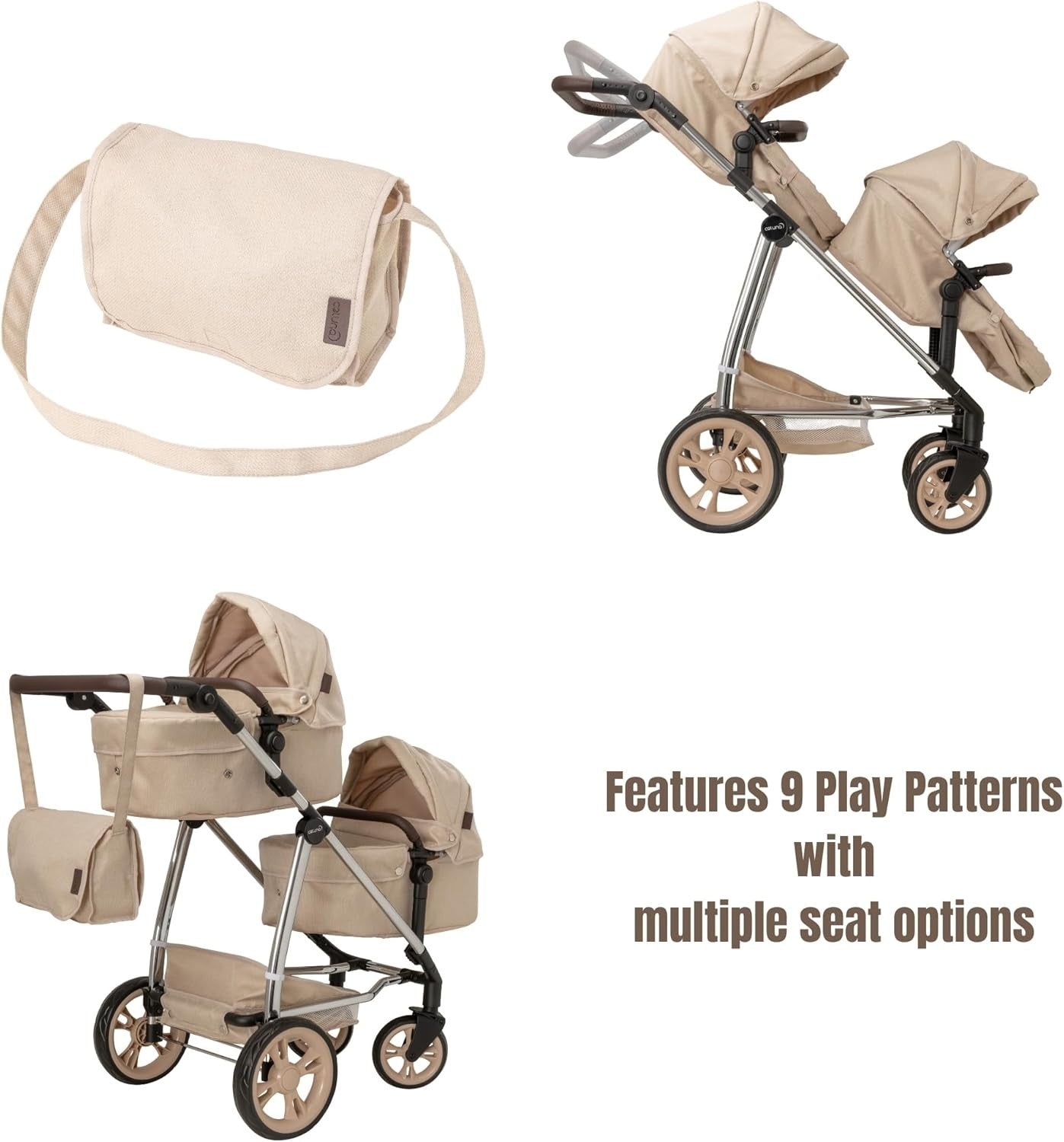 Celuna Total Twin Dolls Pram Stroller 9-in-1 Adjustable Handle Pretend Play