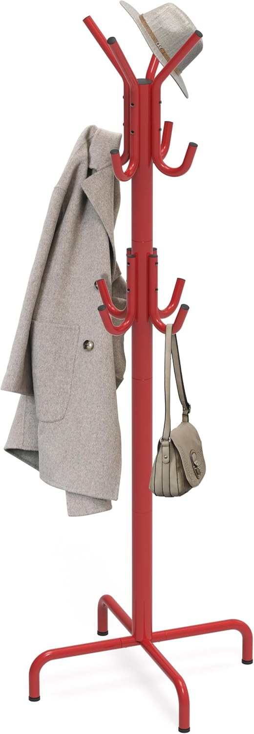 Standing Coat Rack with 12 Hooks | Red Metal Hat & Scarf Organizer Stand