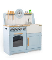 Wooden Kids Play Kitchen Blue w/ Oven Sink Utensils Country Style