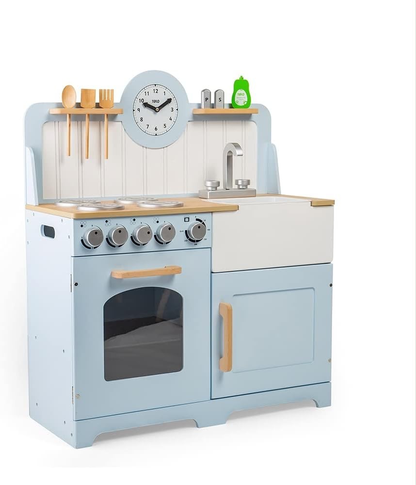 Wooden Kids Play Kitchen Blue w/ Oven Sink Utensils Country Style