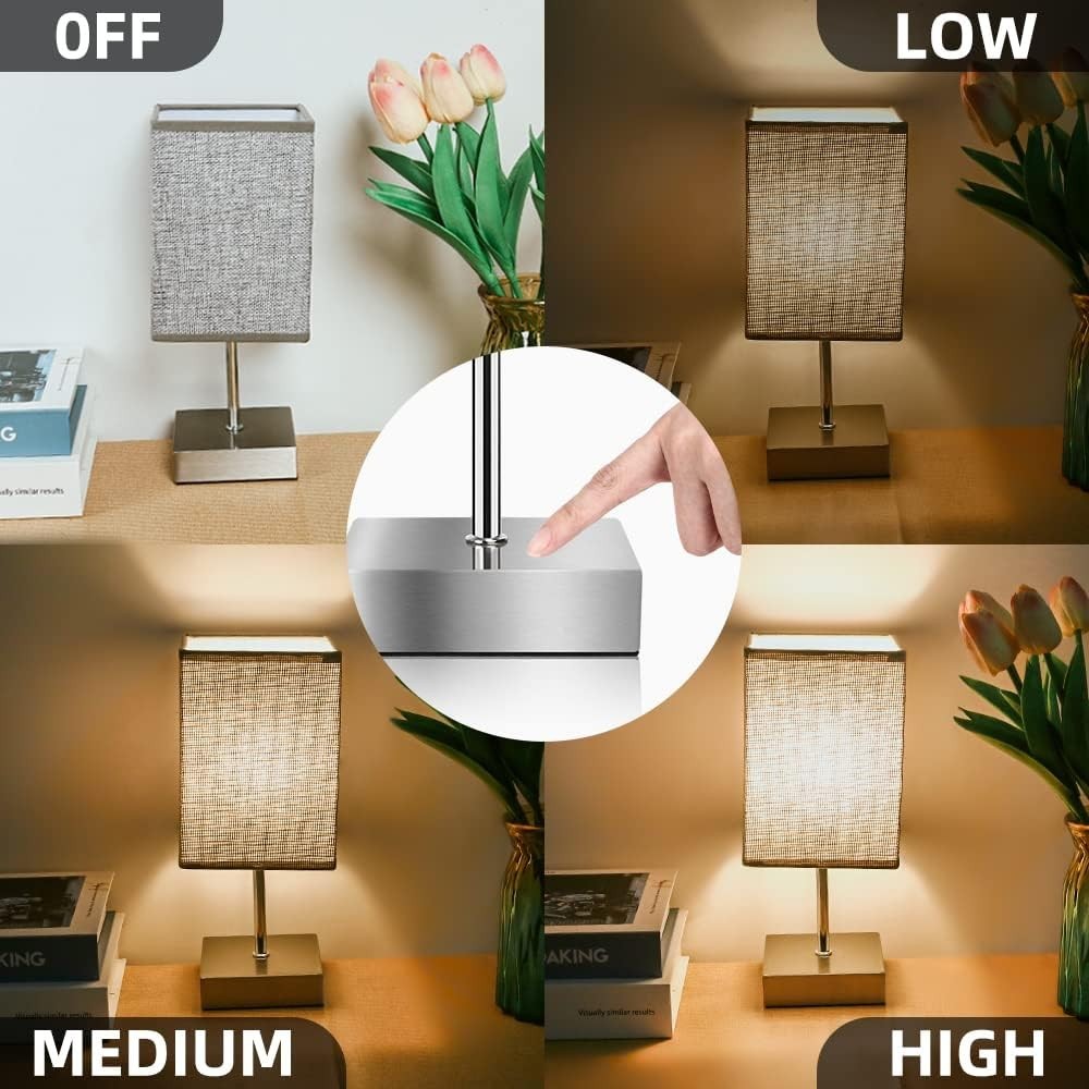 Touch Control Bedside Table Lamps Set of 2 Grey Fabric Shade Dimmable